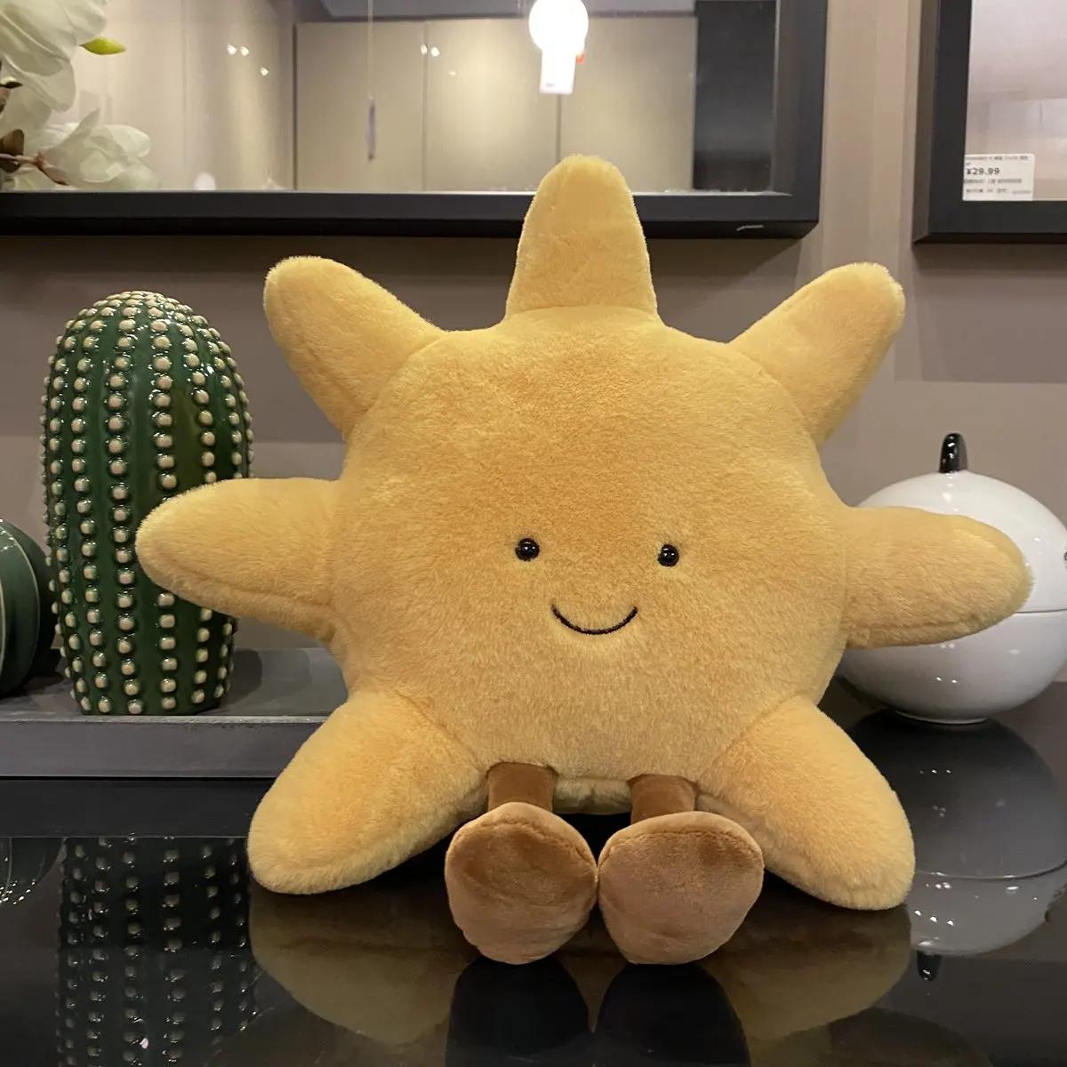 Adorable sourire visage blanc lune jaune soleil peluche peluche mignon dessin animé météo peluche jo