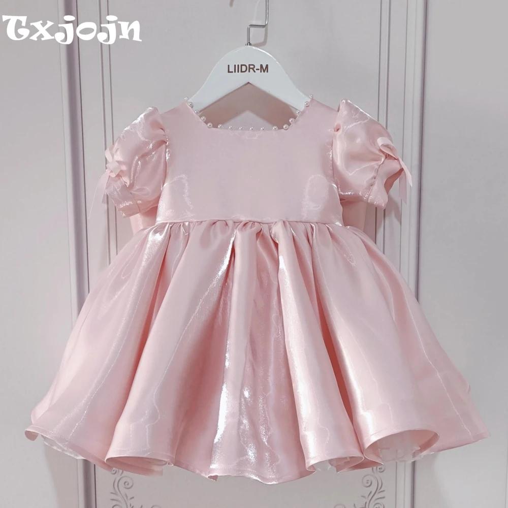 Robes pour enfants à manches bouffantes et perles roses, avec nœud, vêtements de spectacle de danse,