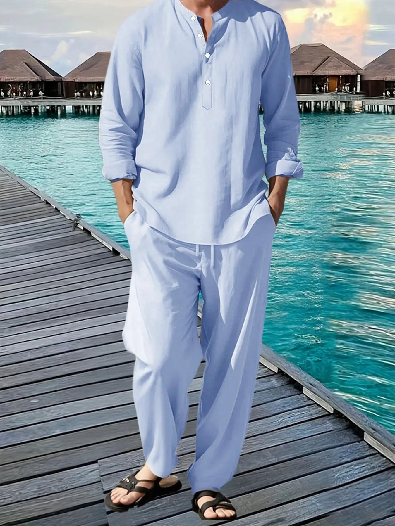 Costume chemise et pantalon pour hommes, respirant, plage, vacances hawaïennes, ensemble décontracté