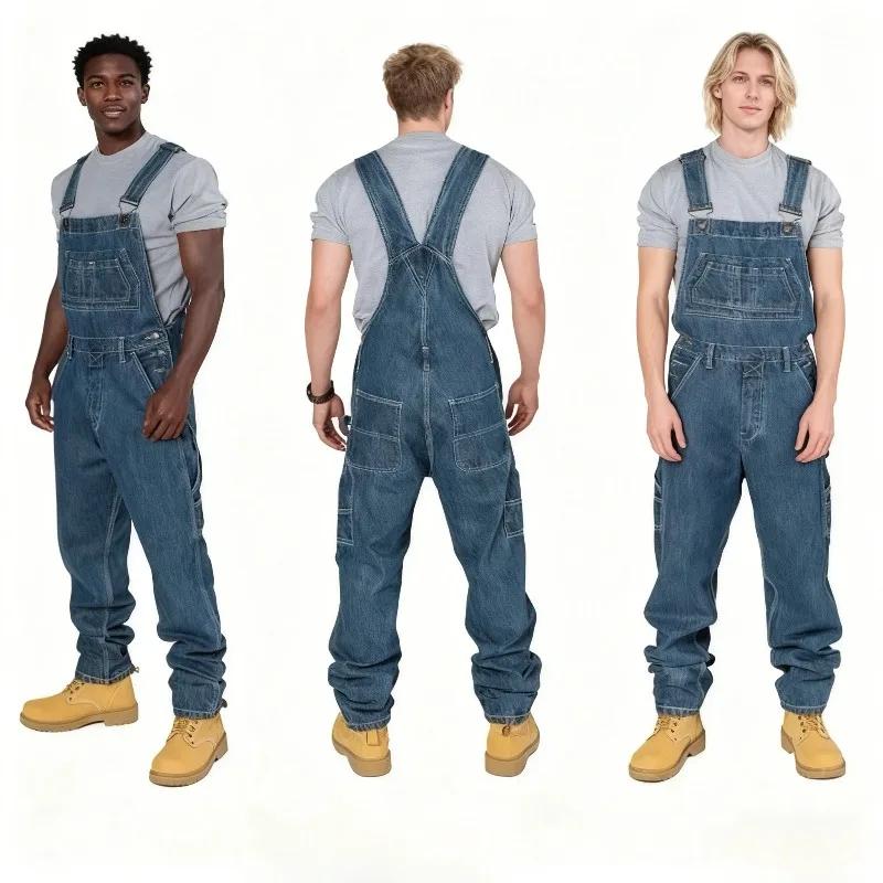 Salopette en jean déchirée et vieillie pour homme, coupe droite, style streetwear