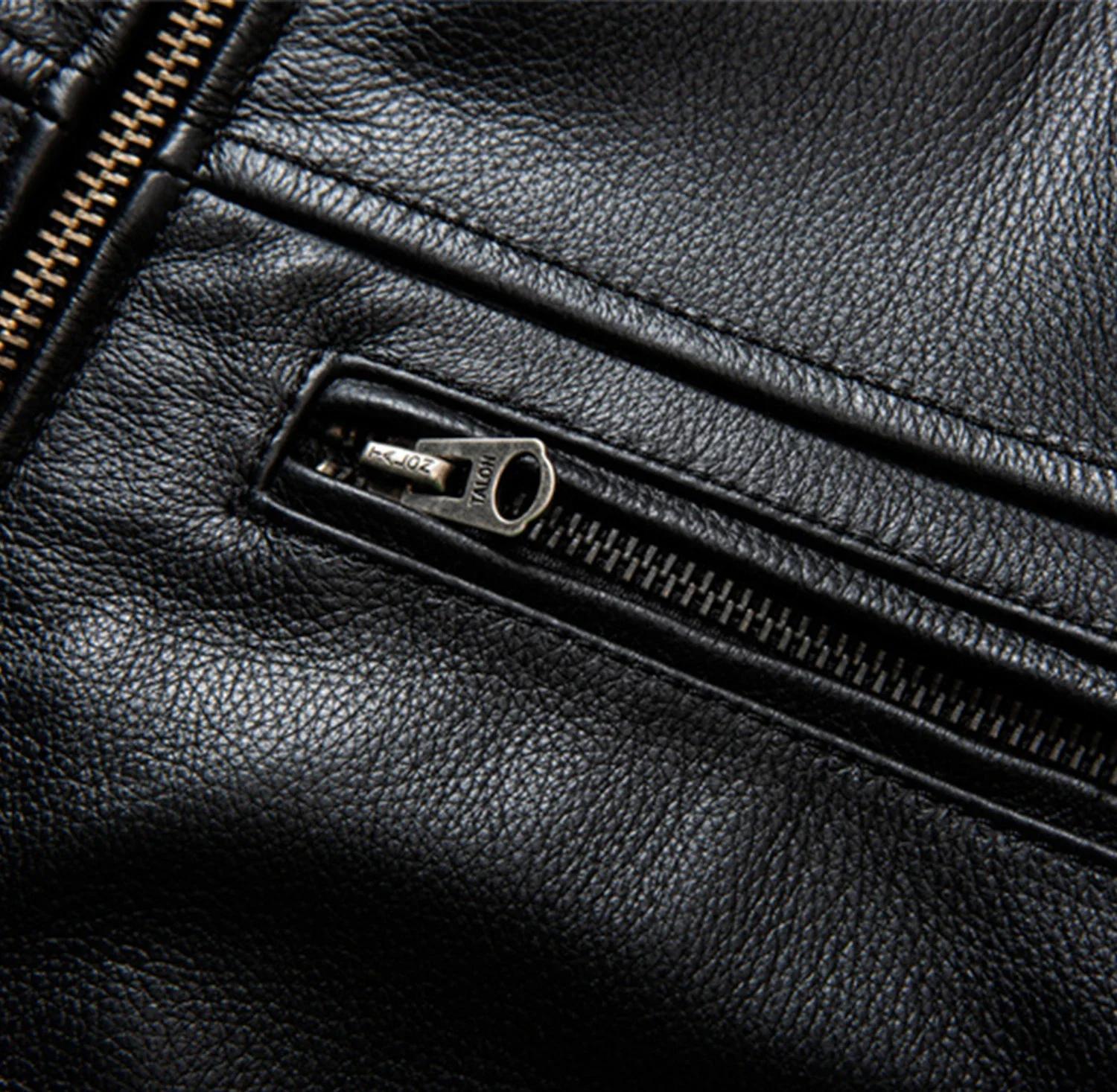 Veste en cuir de vachette couche supérieure pour hommes, col montant noir, manteau court en cuir vér