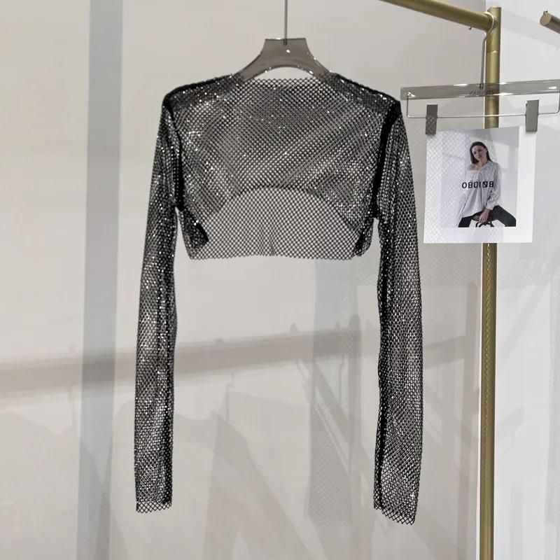 2023 nouveau sexy diamant brillant haut court mince mince mme perceuse chaude à manches longues T-sh