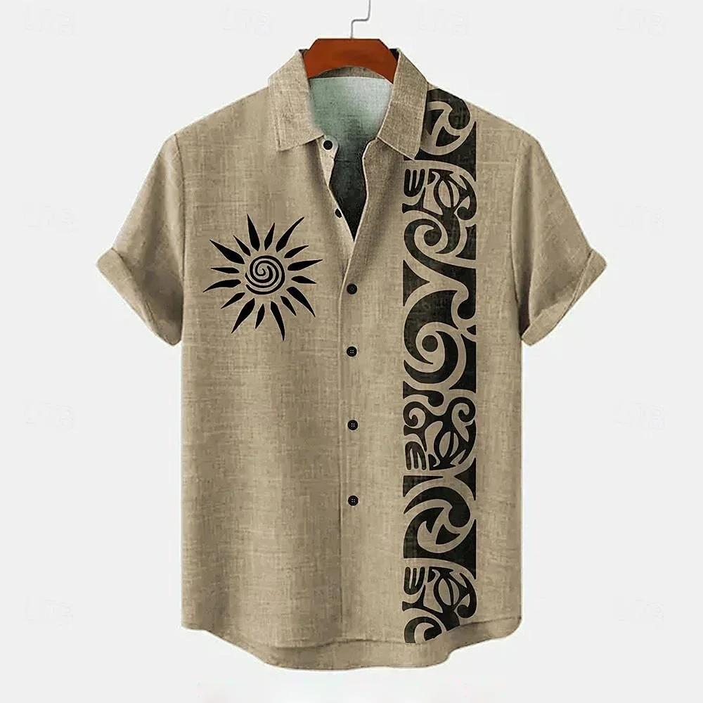Chemise pour homme en lin, style ethnique, imprimé 3D, chemise décontractée à manches courtes avec c