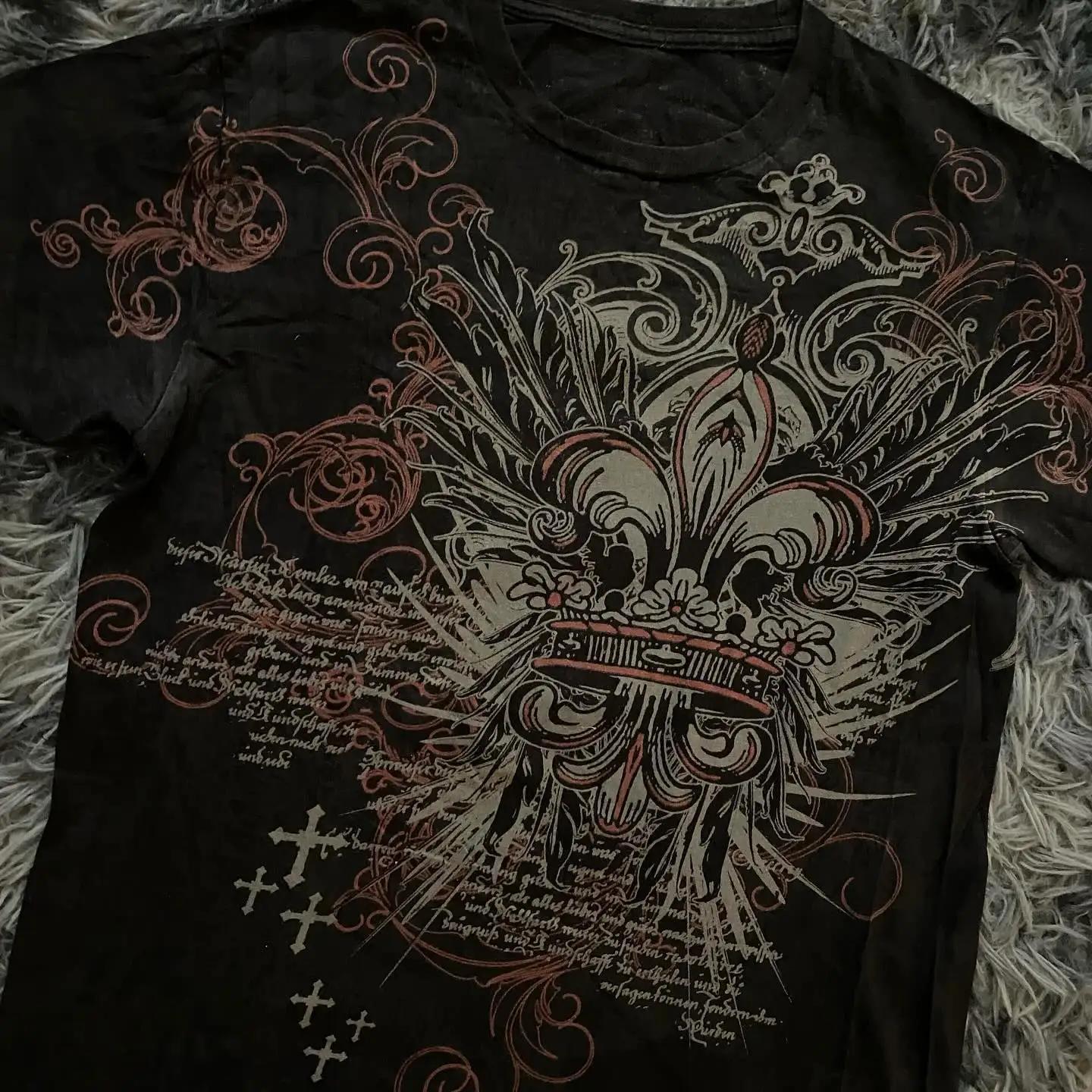 Chemise d'impression de crâne d'affliction des années 2000, haut graphique de mode, vêtements de sty