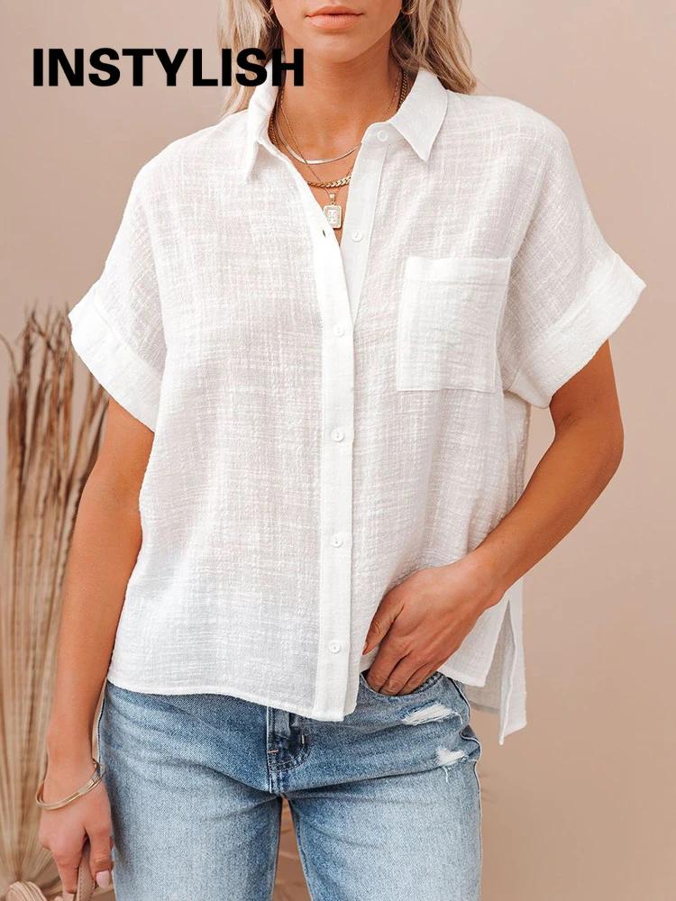 Chemisier ample en coton et lin pour femmes, décontracté, couleur unie, manches courtes, Vintage, Ha