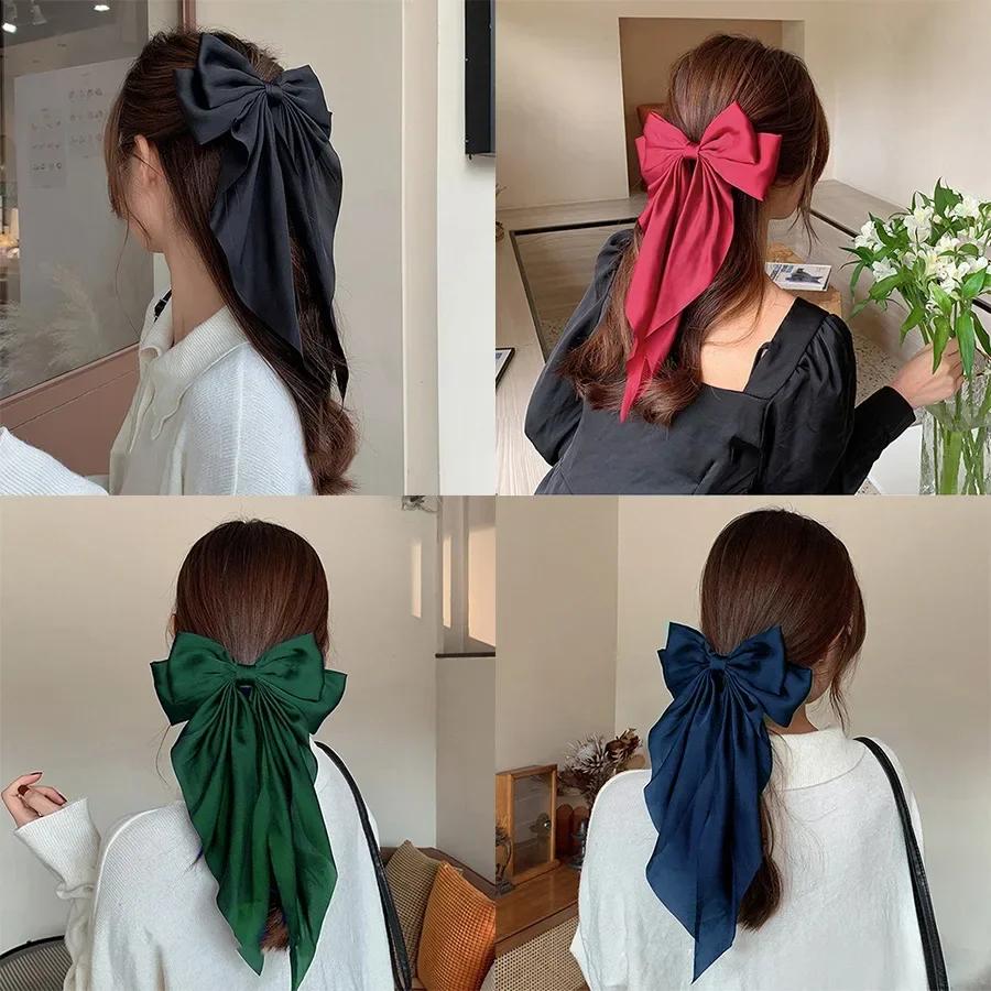 Pinces à cheveux pour femmes et filles, accessoires coréens, grand nœud papillon, Long ruban en Sati