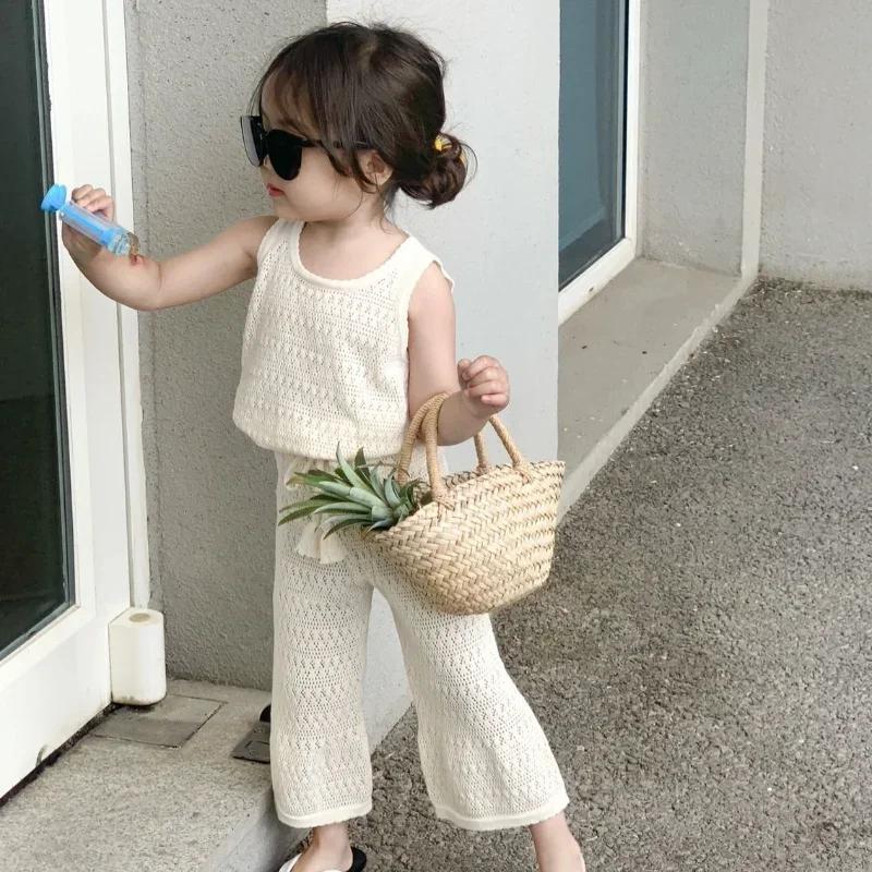 Ensemble été fille 2024 en tricot coréen fin - Gilet ajouré respirant et pantalon large élégant