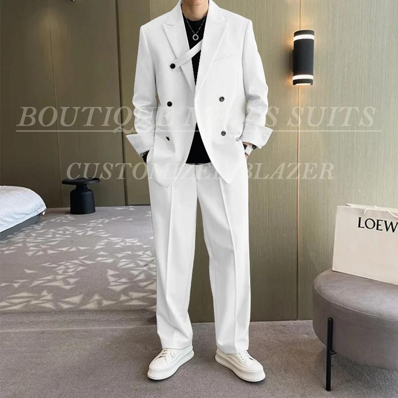 Costumes amples ivoire pour hommes, vêtements pour petit ami, veste et pantalon décontractés, ensemb