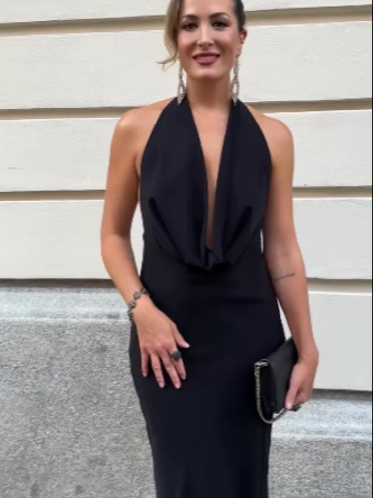 Robe Sexy à Col Halter Plongeant et Drapé, Dos Nu, Sans Manches, Coupe Ajustée, Robe de Soirée Pliss