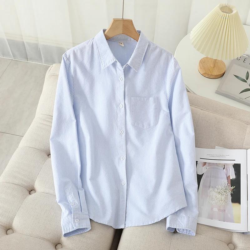 Chemise Oxford décontractée en coton pour femmes, chemisier rayé pour dames, chemises monochromes, b