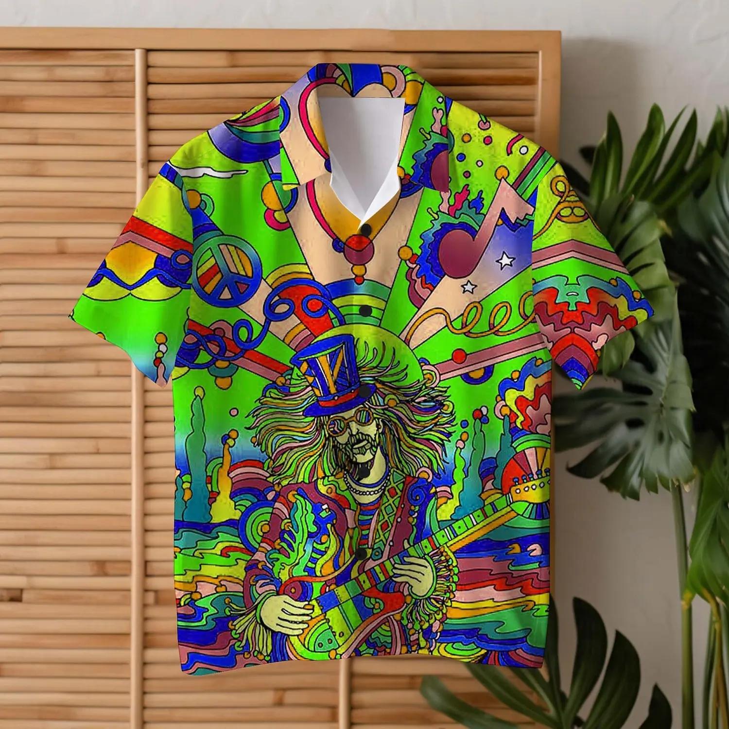 Chemise Hippie pour hommes, guitare colorée, usage quotidien, pour sortir du week-end, col cubain, m