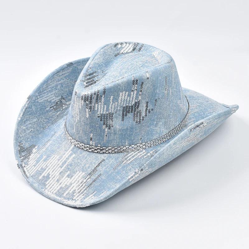 Chapeau de cowboy occidental en denim lavé, chapeau de jazz de cow-girl adapté aux vêtements décontr
