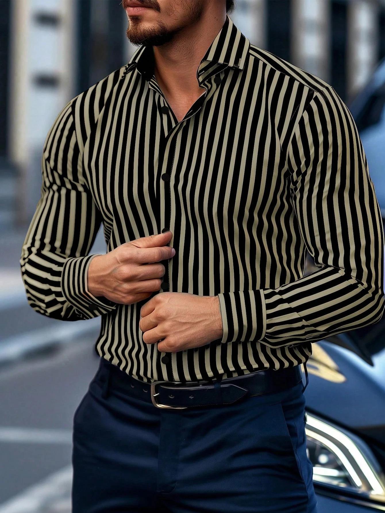 ​ ​ Chemise habillée rayée pour hommes, simple boutonnage, manches longues, tenue de bureau décontra