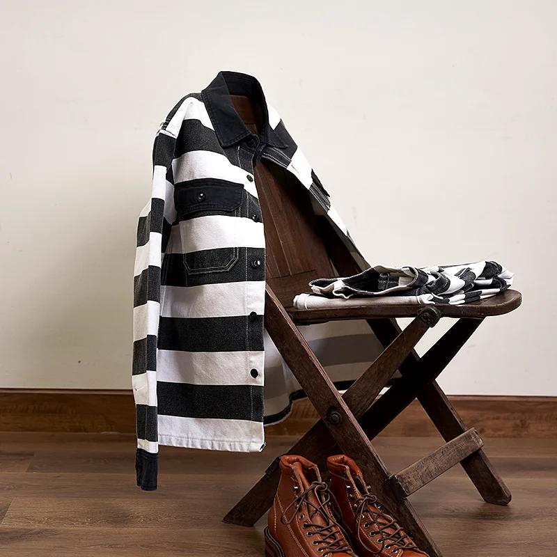 Automne nouveau américain rétro 16oz lourd prisonnier rayé veste hommes mode pur coton lavé épais to
