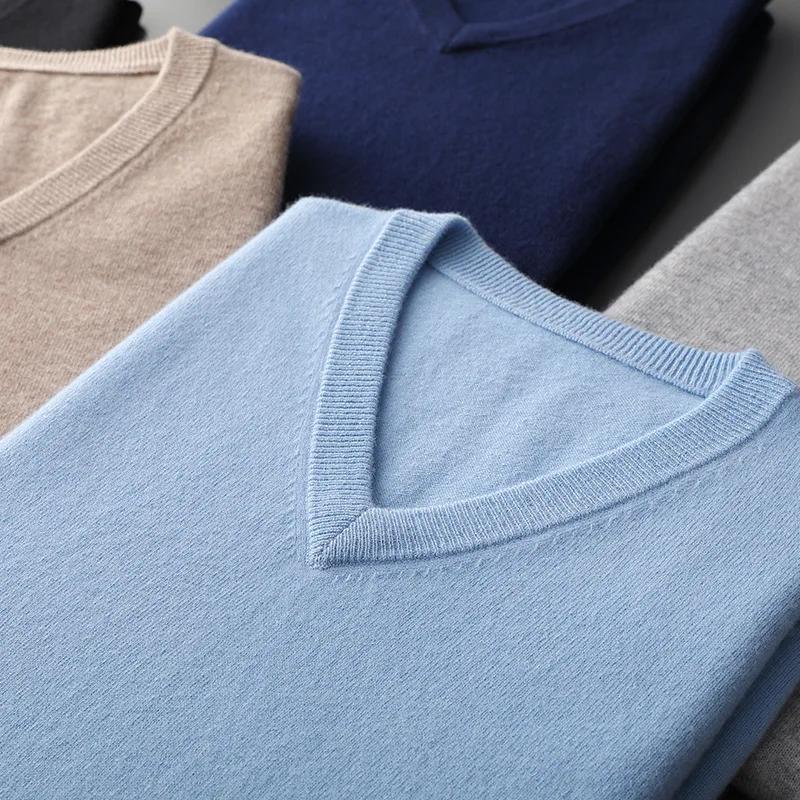 Cachemire coton mélange classique col en v tricoté pull hommes pull 2024 automne hiver doux chaud af