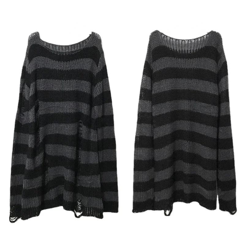 Nouveau Streetwear haut Punk gothique Long unisexe pull été femmes rayé Cool trou creux cassé pull a
