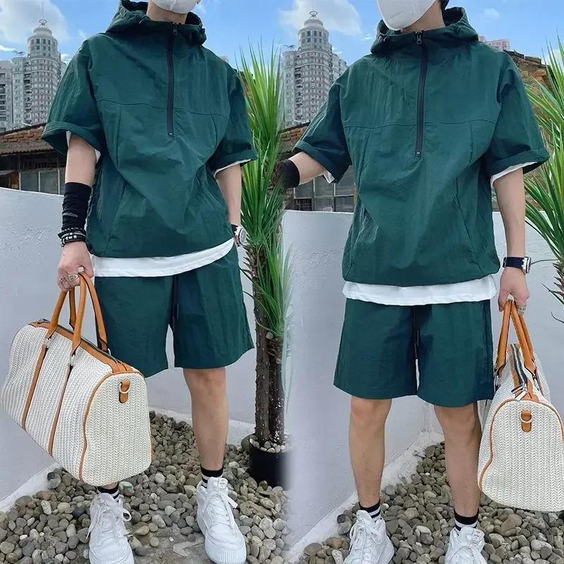 Ensemble de style cargo d'été pour hommes, sweat à capuche décontracté, t-shirt à manches courtes, s