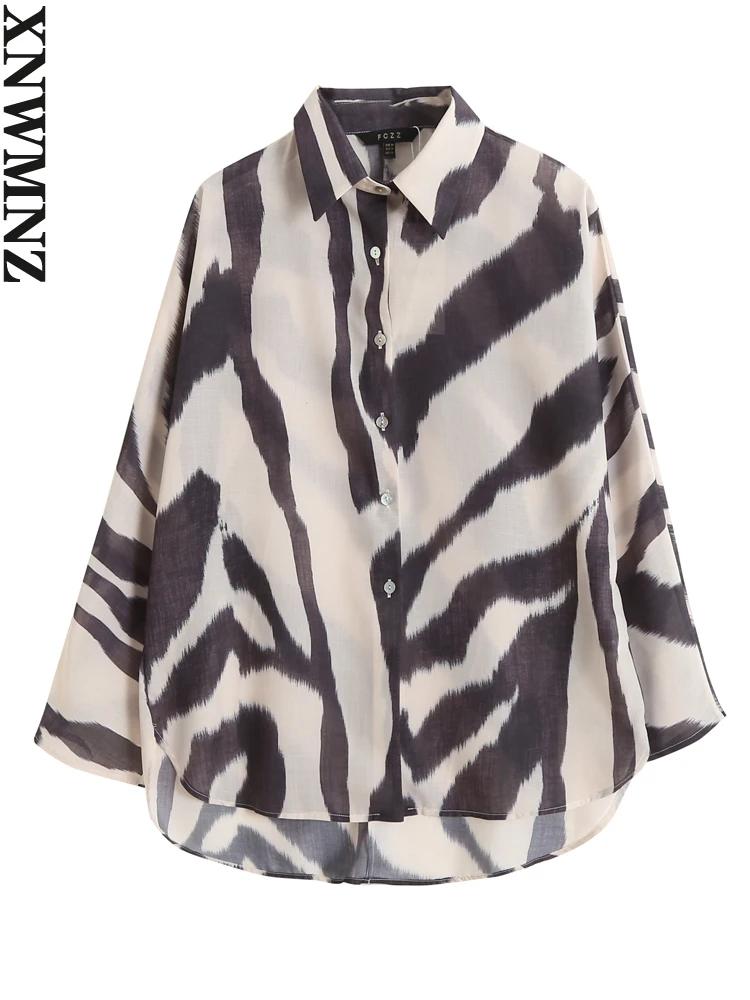 XNWMNZ-Chemise à Manches sulfen Coton et Lin pour Femme, Chemisier Imprimé Zèbre, Décontracté, obser