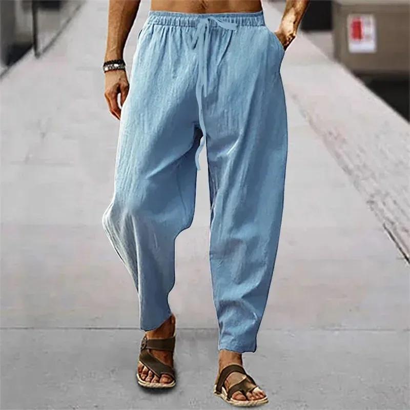Nouveaux hommes coton lin pantalon été et automne solide taille haute pantalon à jambes larges mâle 