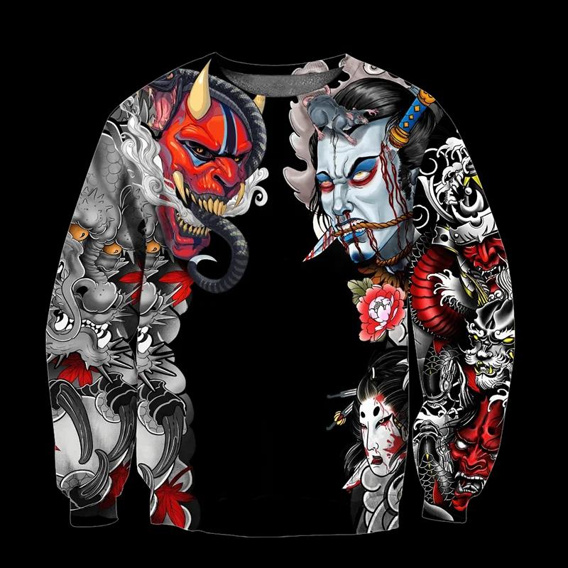 Sweat-shirt imprimé avec masque de mythologie japonaise, vêtements pour hommes, pull de rue Harajuku