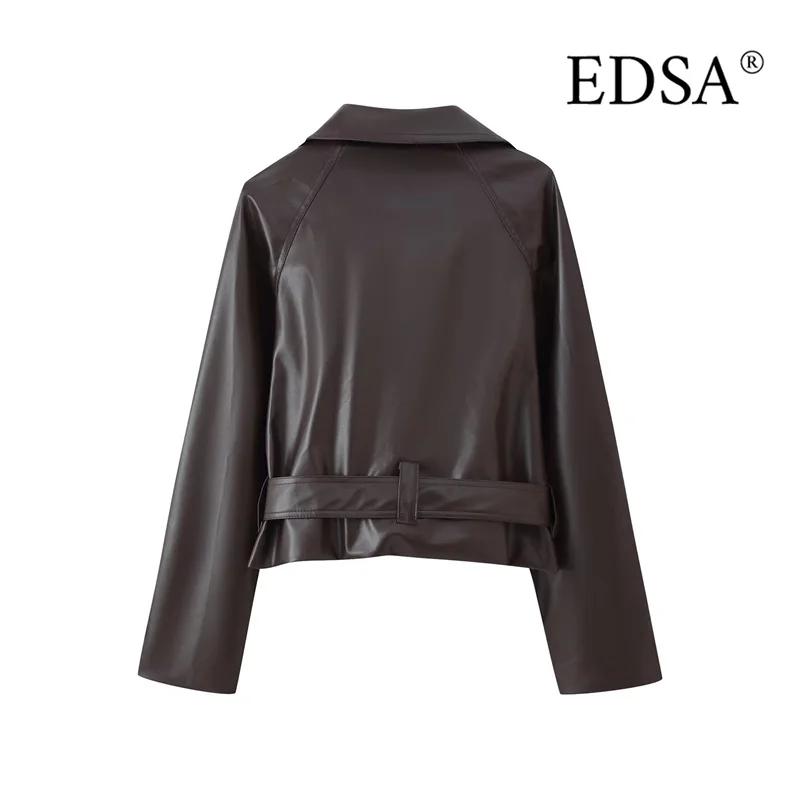 EDSA femmes veste courte en cuir PU avec ceinture Double boutonnage manches longues Vintage femme ma