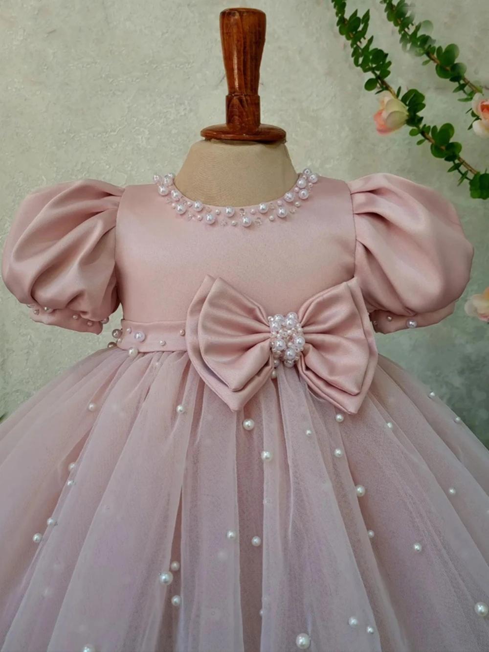 Robe rose à manches bouffantes et col rond pour fille, tenue de soirée de mariage, avec nœud brillan