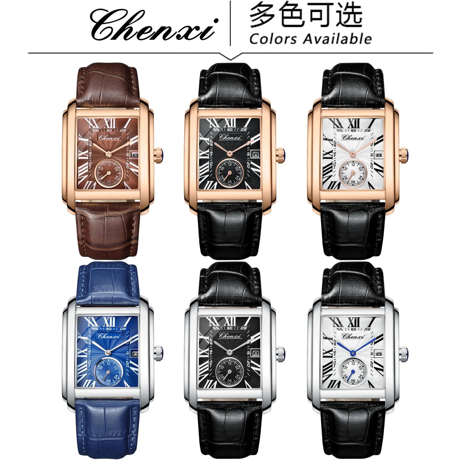 Chenxi-Montre de dehors Rectangulaire en Cuir group pour Homme, Horloge Élégante à Quartz, Étanche, 
