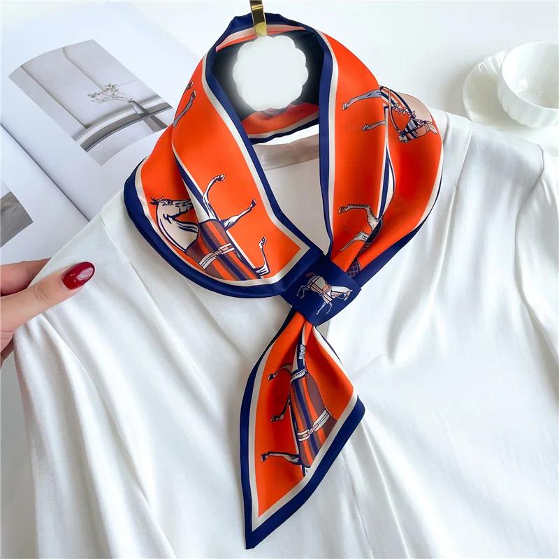 Marque de luxe imprimé cheval foulard maigre écharpe pour femmes Satin rubans de soie Bandana dames 
