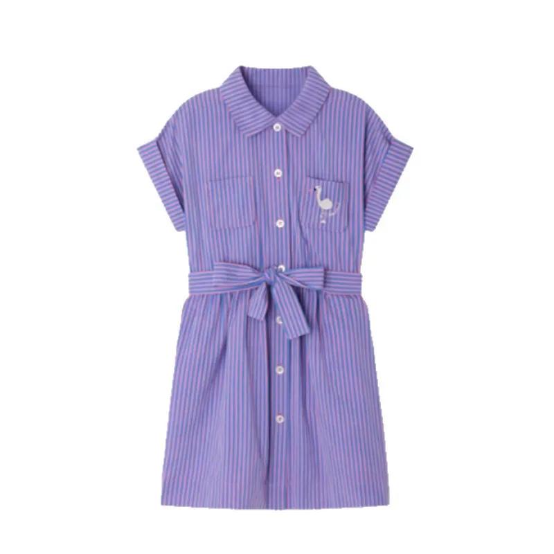 Robe chemise rayée violette pour enfants 2026, manches courtes, col montant, taille nouée, jupe trap