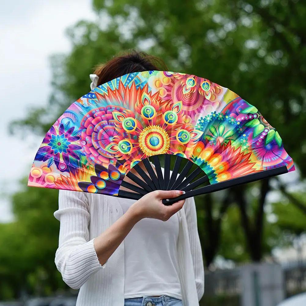 Grand éventail Rave pliant à main de 33cm, Chinease/dégradé japonais, coloré, réfléchissant, pliable