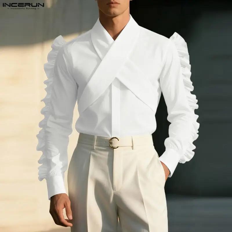 INCERUN hommes chemise couleur unie revers à manches longues à volants décontracté hommes vêtements 