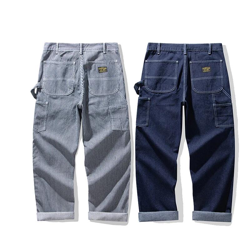 Jeans de chemin de fer rétro pour hommes, pantalons en denim dense, pantalons lourds, multi-poches, 
