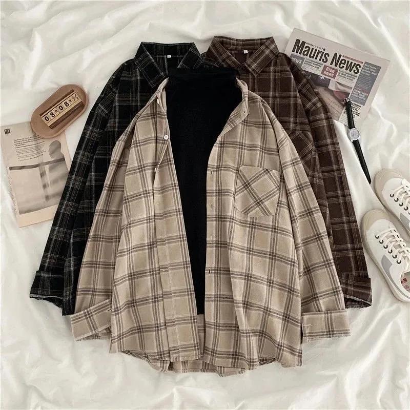 Vintage chemises à carreaux femmes automne à manches longues surdimensionné boutonné chemise mode co