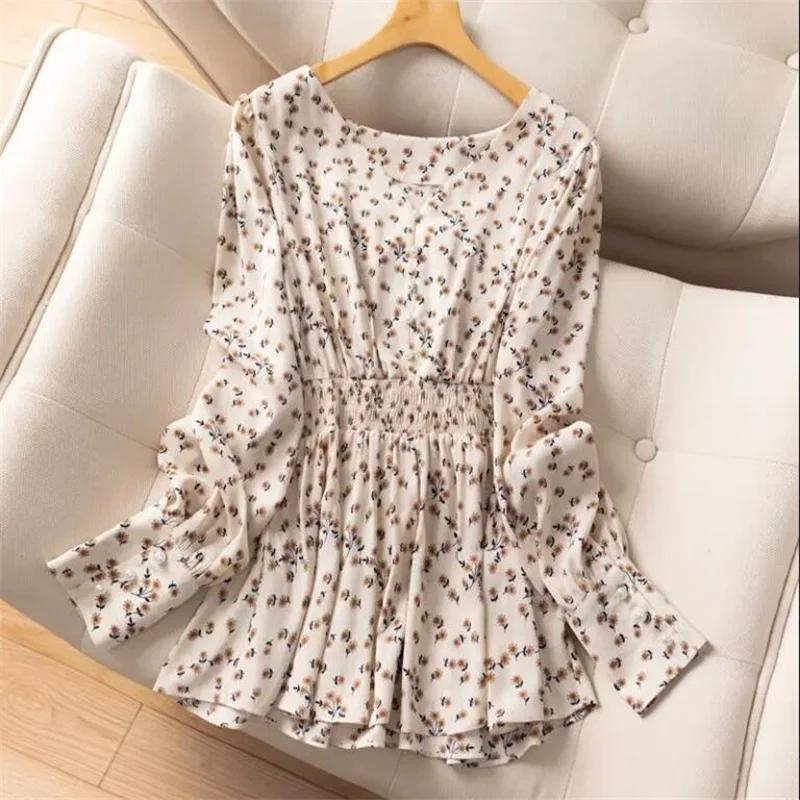 Chemise à col en V à boutons perlés pour femmes, chemise florale rétro, tunique, chemisiers à manche