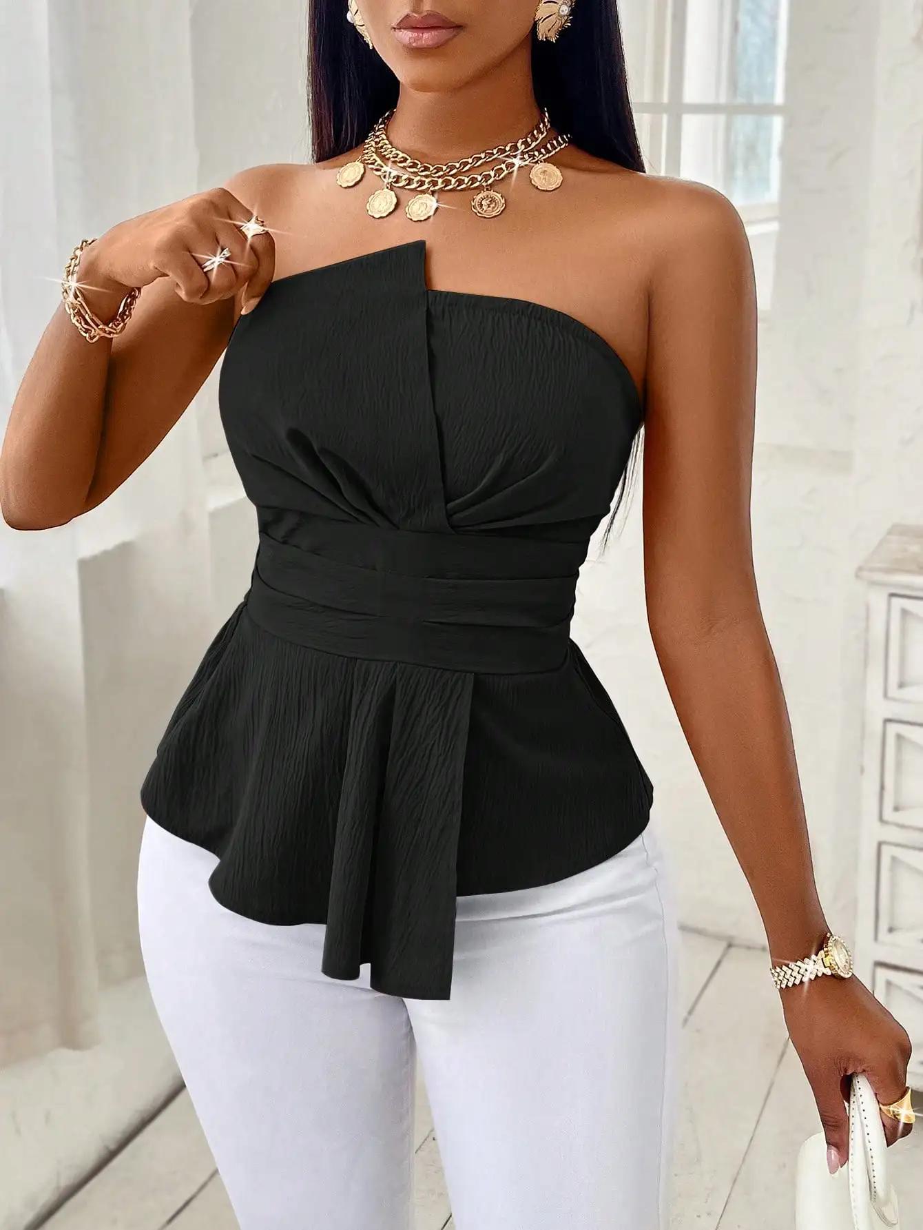 Haut sans bretelles pour femme, noir uni, coupe ajustée, style peplum, devant croisé, taille ceintur