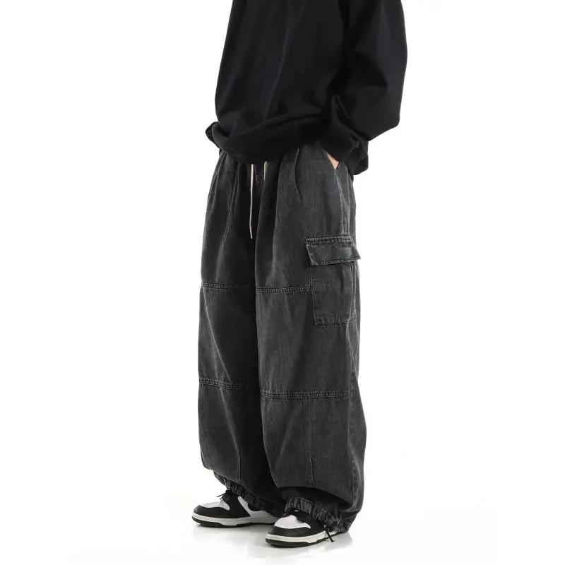 Jean Cargo Baggy noir pour hommes, pantalon de Jogging décontracté à jambes larges, surdimensionné, 