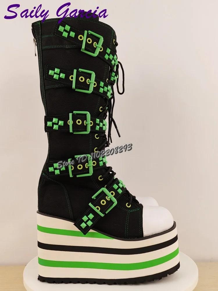 Bottes hautes à lacets avec bretelles à boucle verte, Punk, Patchwork, bout rond, plateforme, mode f