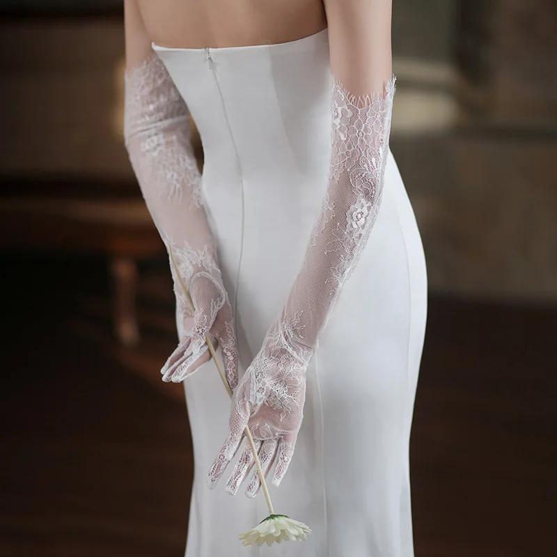 Gants longs en dentelle blanche, maille Sexy, cils, Tulle, coude de mariée, accessoires de Costume d