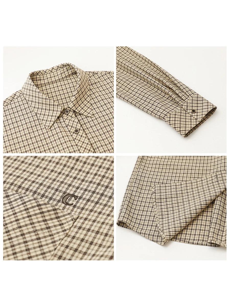CHIC VEN femmes chemise ample décontracté simple boutonnage nouveau rétro contraste Plaid brodé Blou
