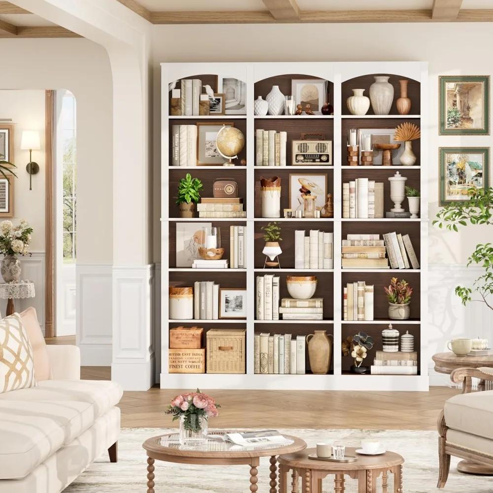 Étagère à livres triple de 71 pouces de large, bibliothèque haute à 6 niveaux, grande bibliothèque a