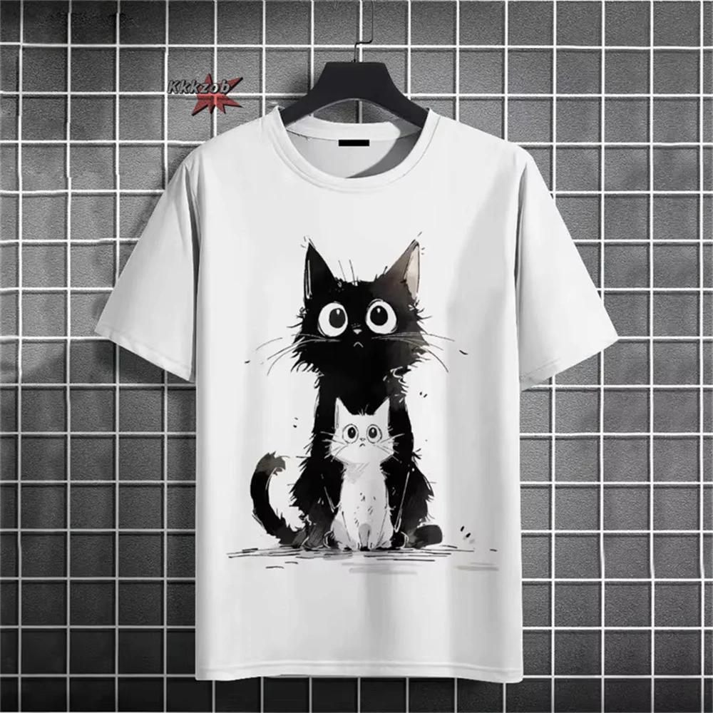 Japonais Ukiyo-E motif de chat mignon col rond hommes à manches courtes quotidien surdimensionné T-S