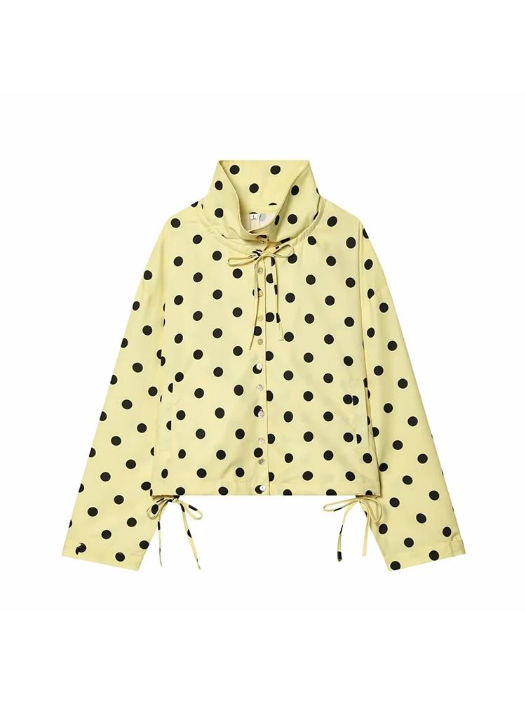 Veste rose à pois à manches longues pour femme, manteau décontracté à col montant et simple boutonna