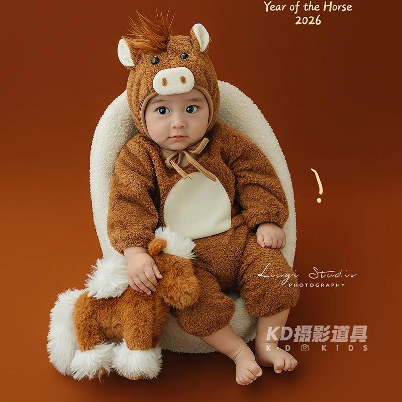 Tenue de photographie pour nouveau-né en forme de cheval avec accessoires en peluche, adorable ensem