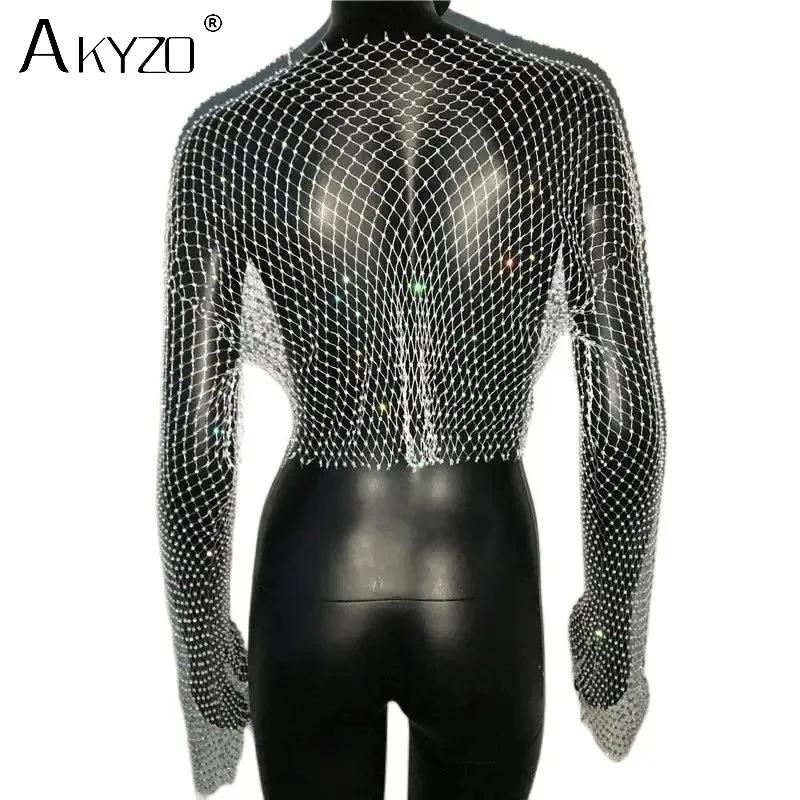 T-shirt en résille transparent pour femmes, Sexy, paillettes, strass, maille creuse, manches longues