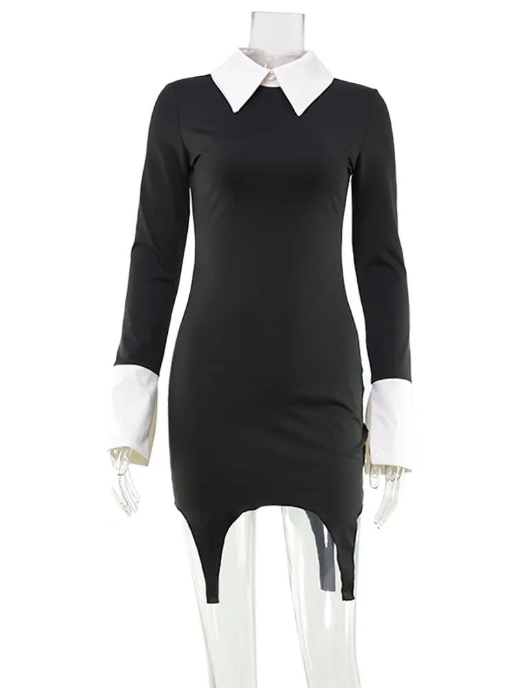CNYISHE col rabattu solide Patchwork à manches longues femmes robes hanche Wrap mode gaine tenues fe