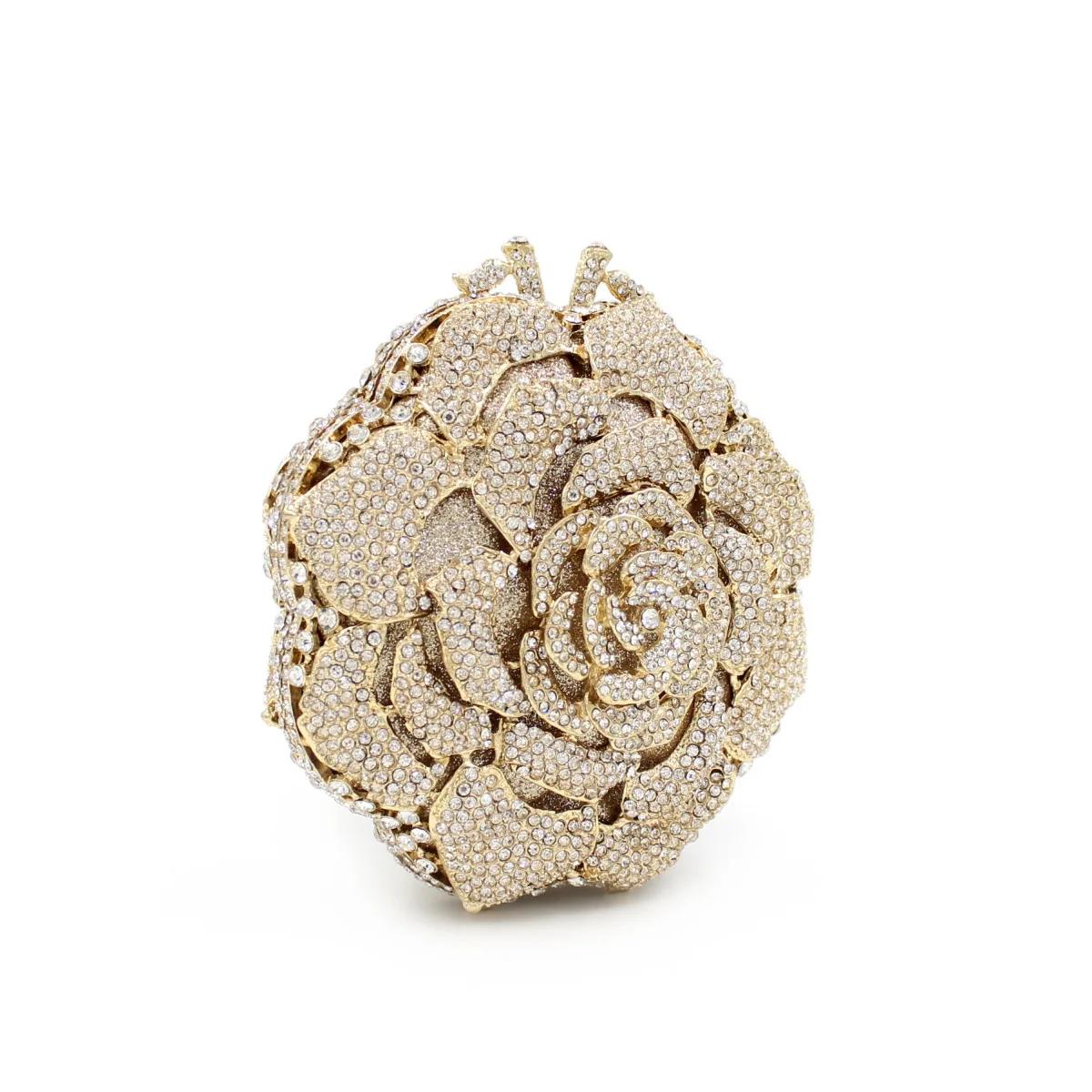 Pochette de luxe en forme de Rose avec strass et diamant, sac à main creux en métal pour Banquet et 