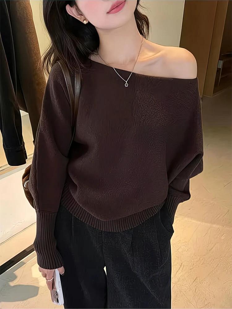 Batwing – Pull tricoté à manches longues pour femme, haut épais à épaules dénudées, mode coréenne, a