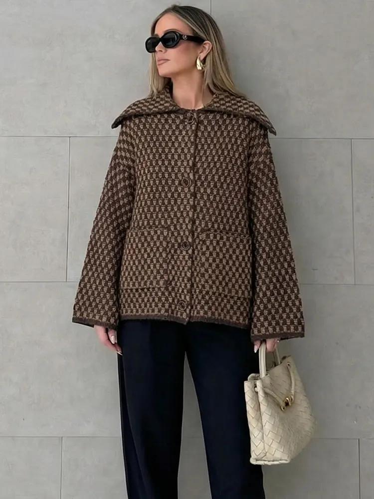 Veste Printemps HH 2026 pour Femmes, Cardigan Tricoté Décontracté Ample, Col Revers, Simple Boutonna