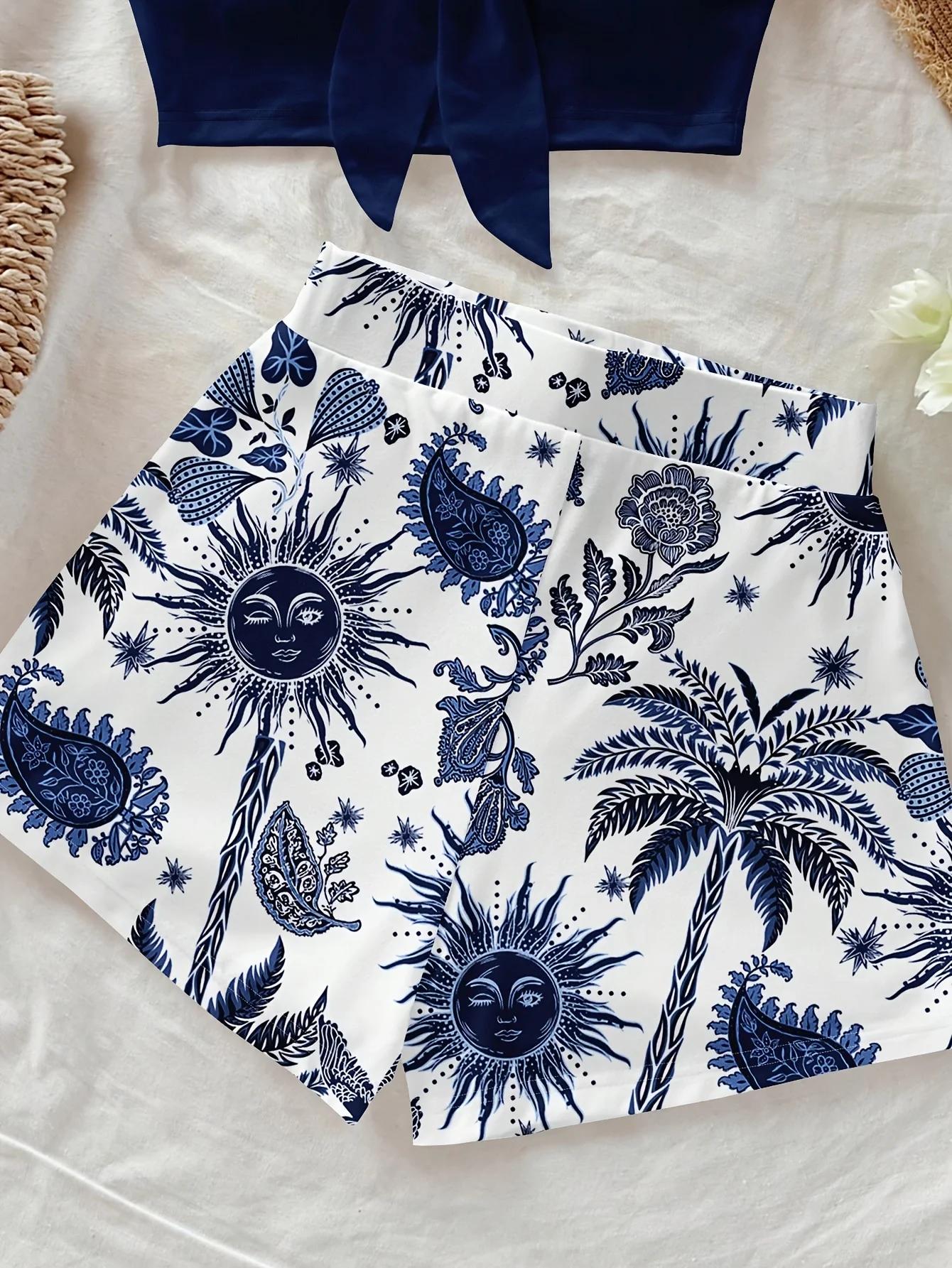 Ensemble 2 pièces pour femmes, imprimé cocotier et Dieu du Soleil, idéal pour les vacances d'été et 