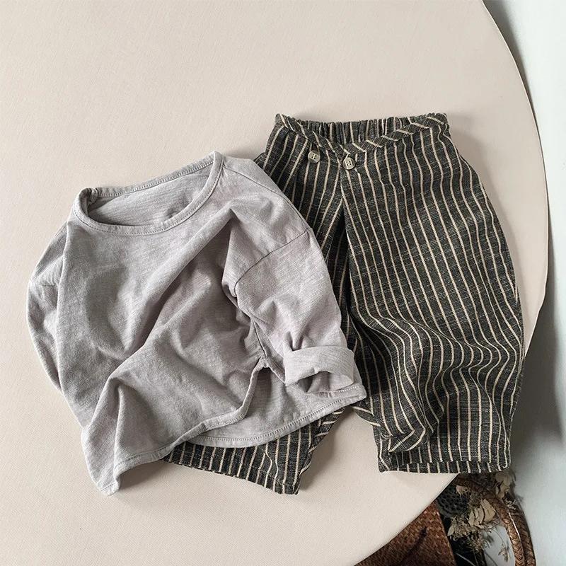 Pantalon rétro rayé coton lin enfant large décontracté japonais unisexe printemps automne WTP122